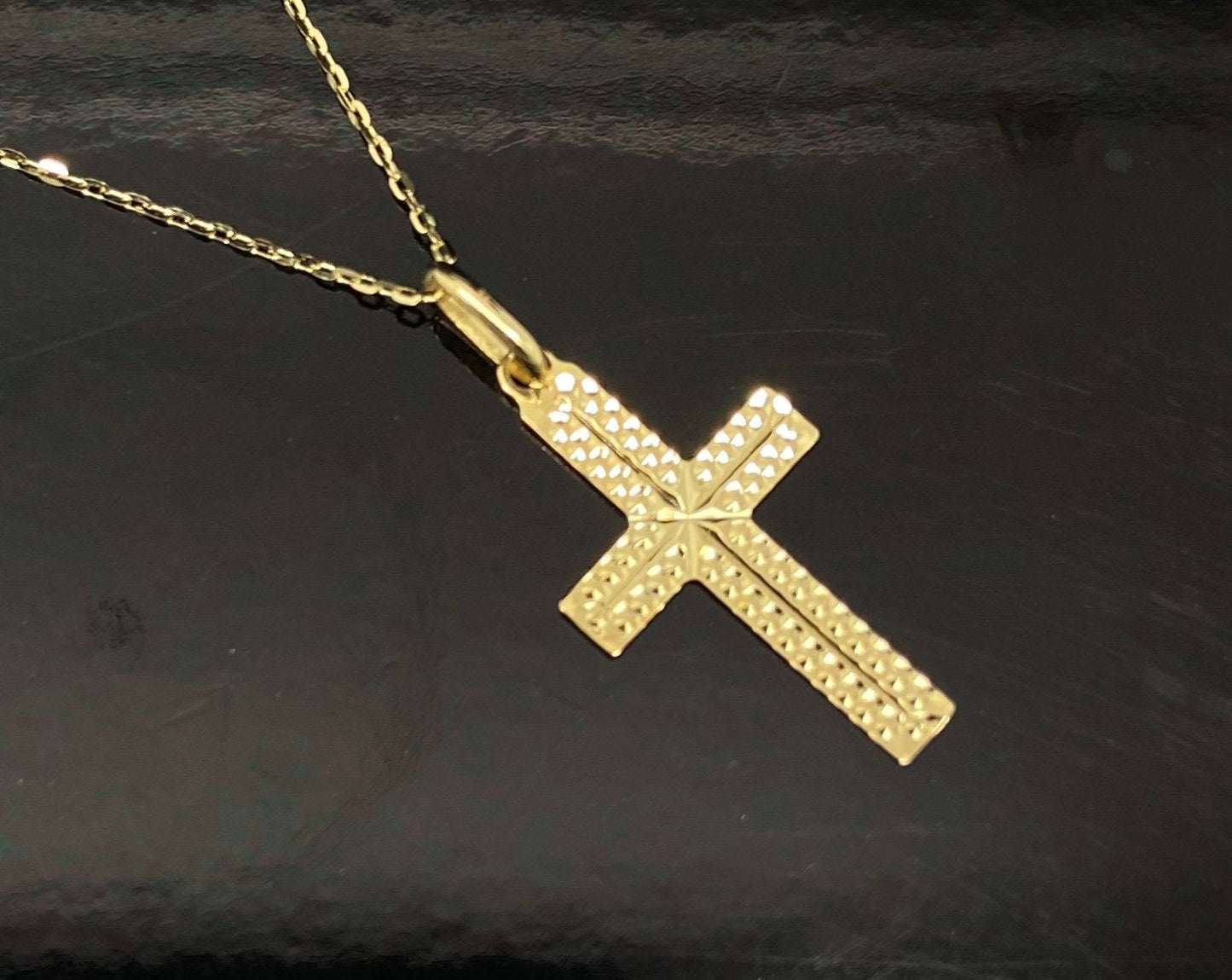 Yellow Gold Diamond Cut Religious Cross Dangle Pendant Chain Necklace