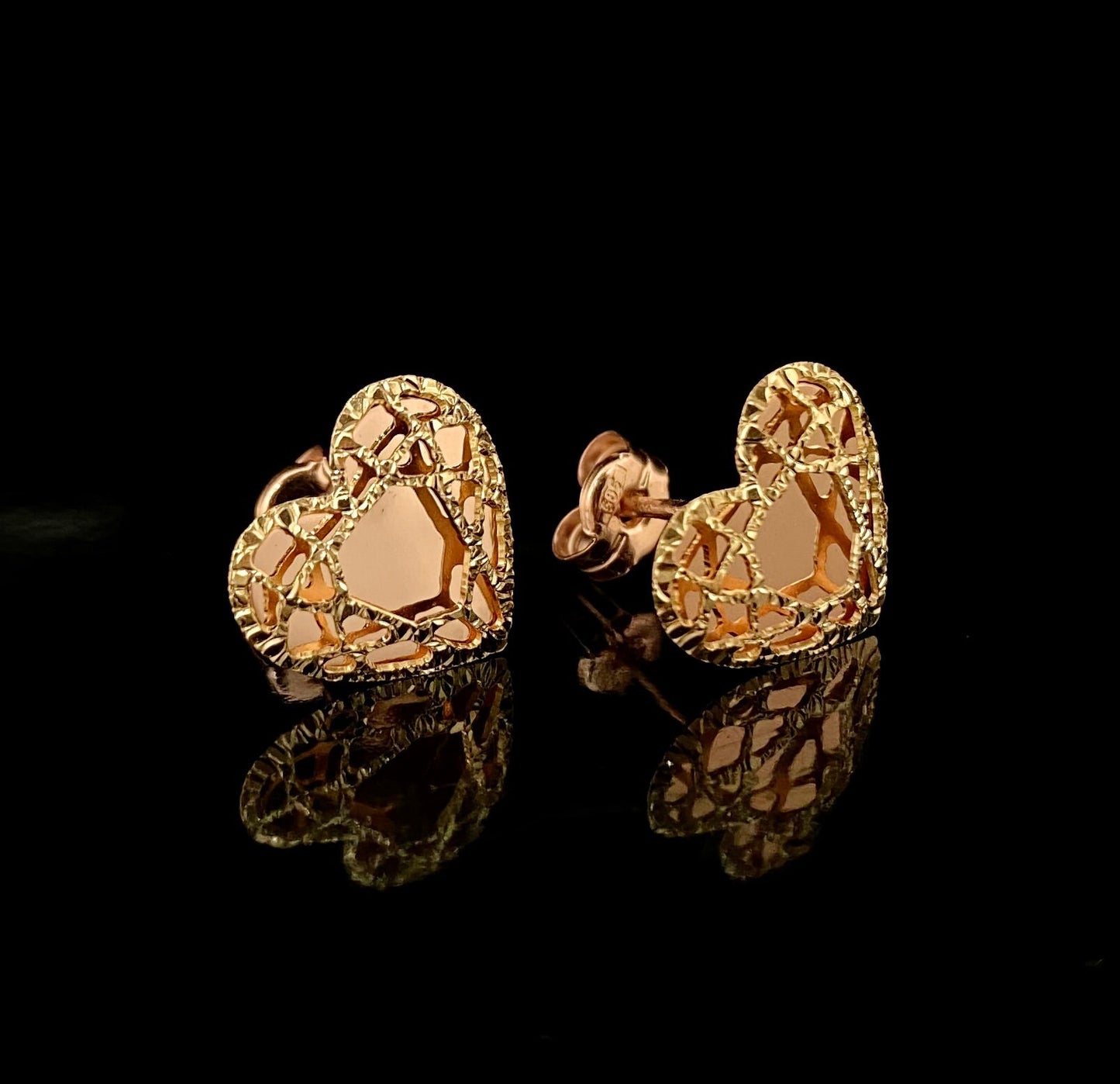 Yellow and Rose Gold Filigree HEART Stud Earrings; Pushback Clasp