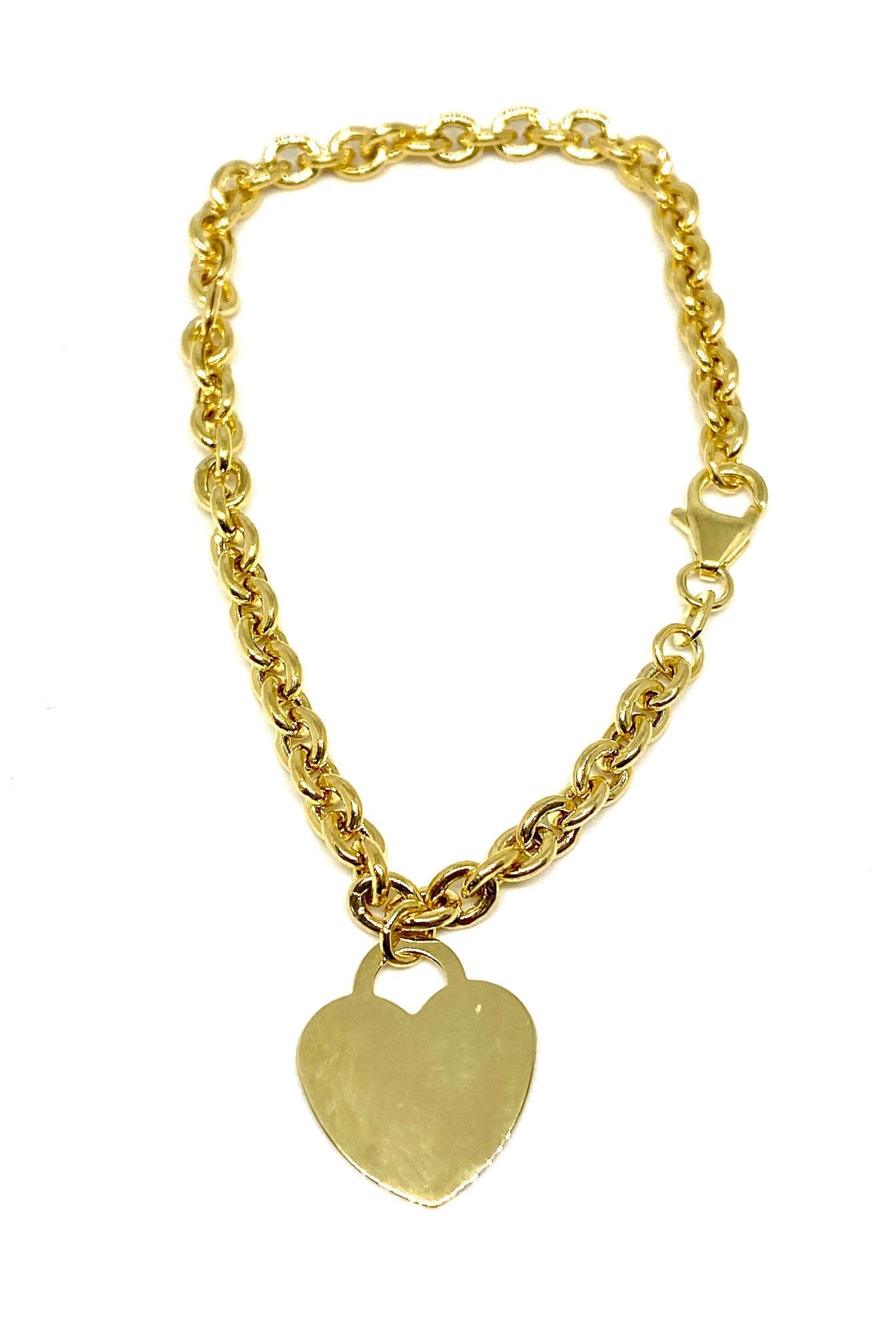 Yellow Gold Dangle Heart Tag Charm Rolo Link Bracelet