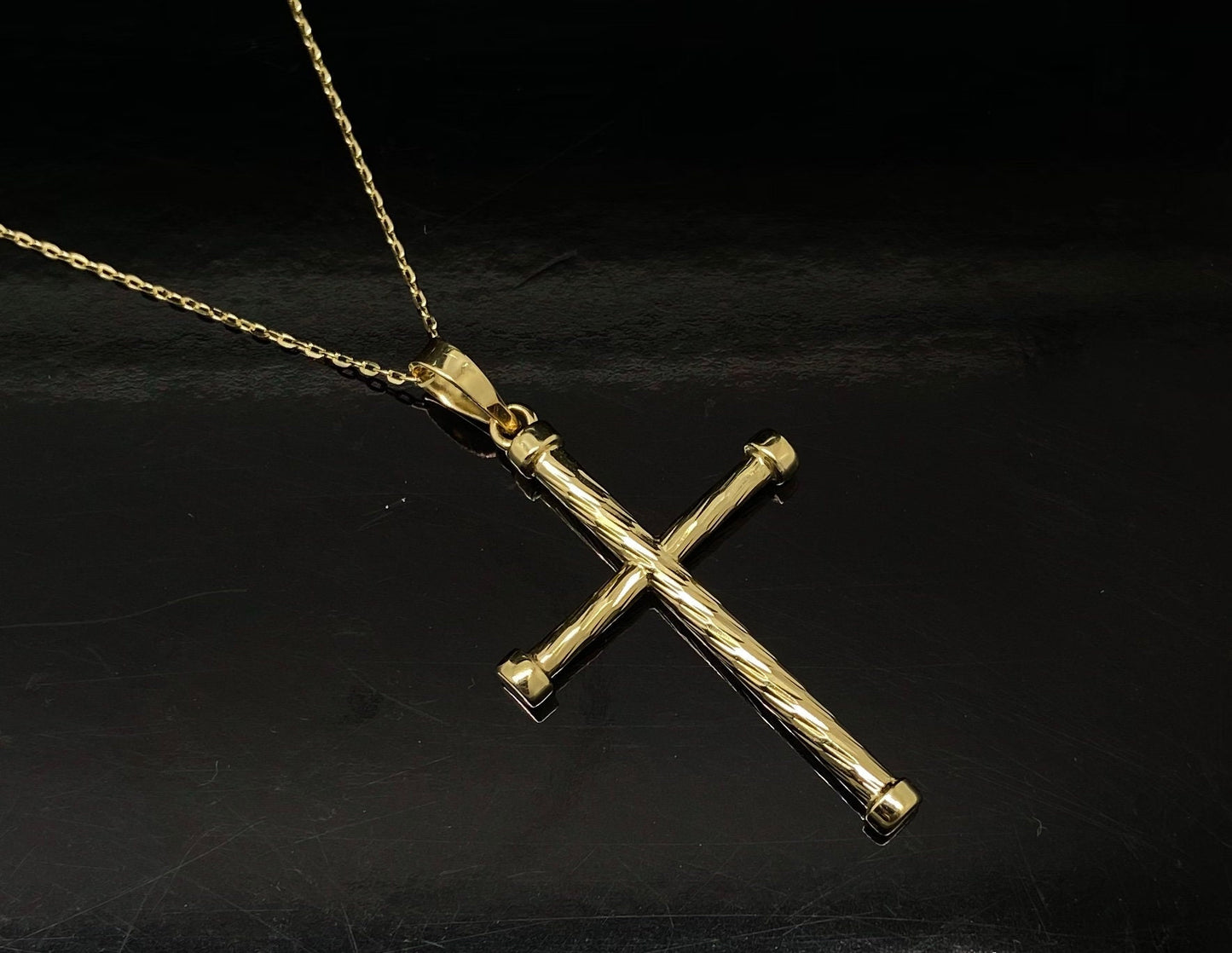 Yellow Gold Diamond Cut Religious Dangle Cross Pendant Chain Necklace
