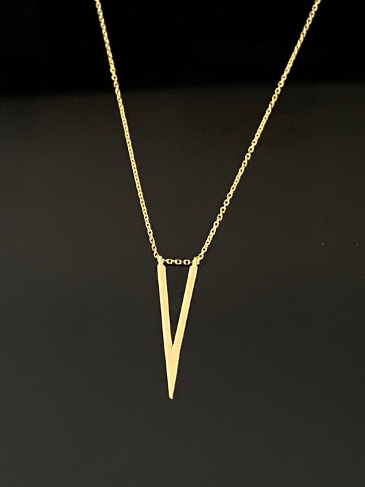 Yellow Gold V Shaped Modernist Pendant Chain Necklace
