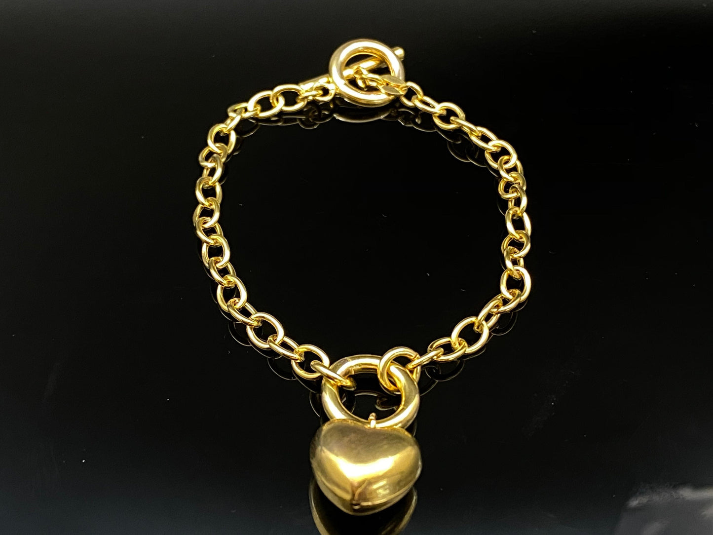 Yellow Gold Over Sterling Silver Puffy Heart Charm Toggle Clasp Bracelet