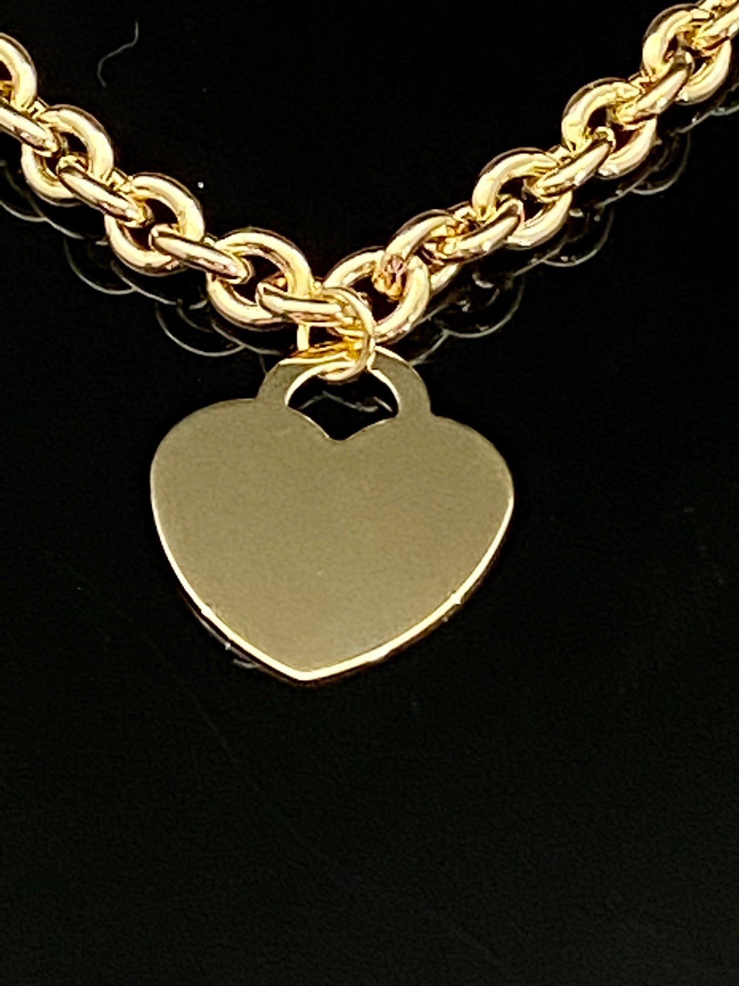 Yellow Gold Dangle Heart Tag Charm Rolo Link Bracelet
