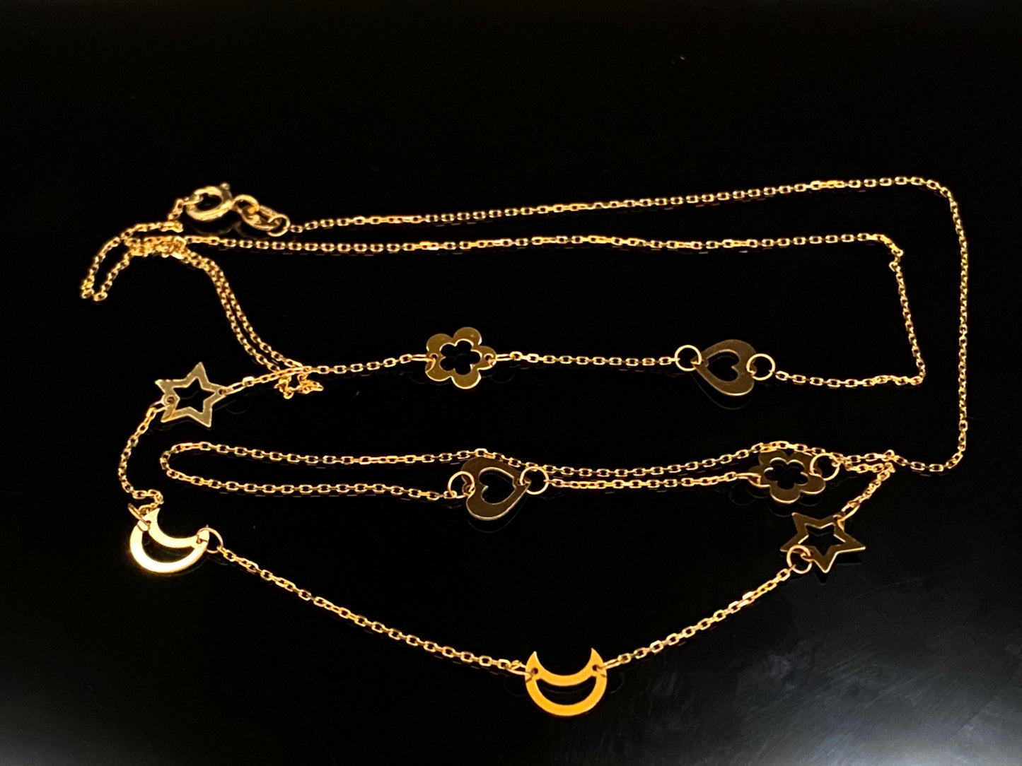Yellow Gold Moon; Star; Flower & Heart Station Chain Long Necklace