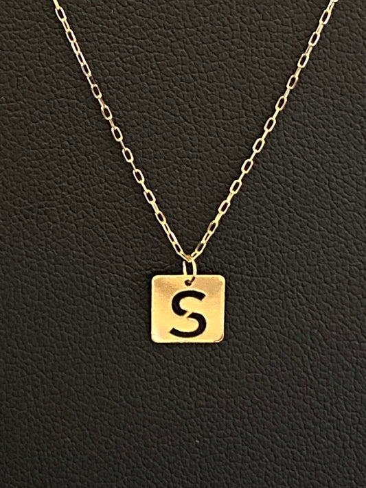 Yellow Gold Cut-out Letter Initial S Square Pendant Chain Necklace