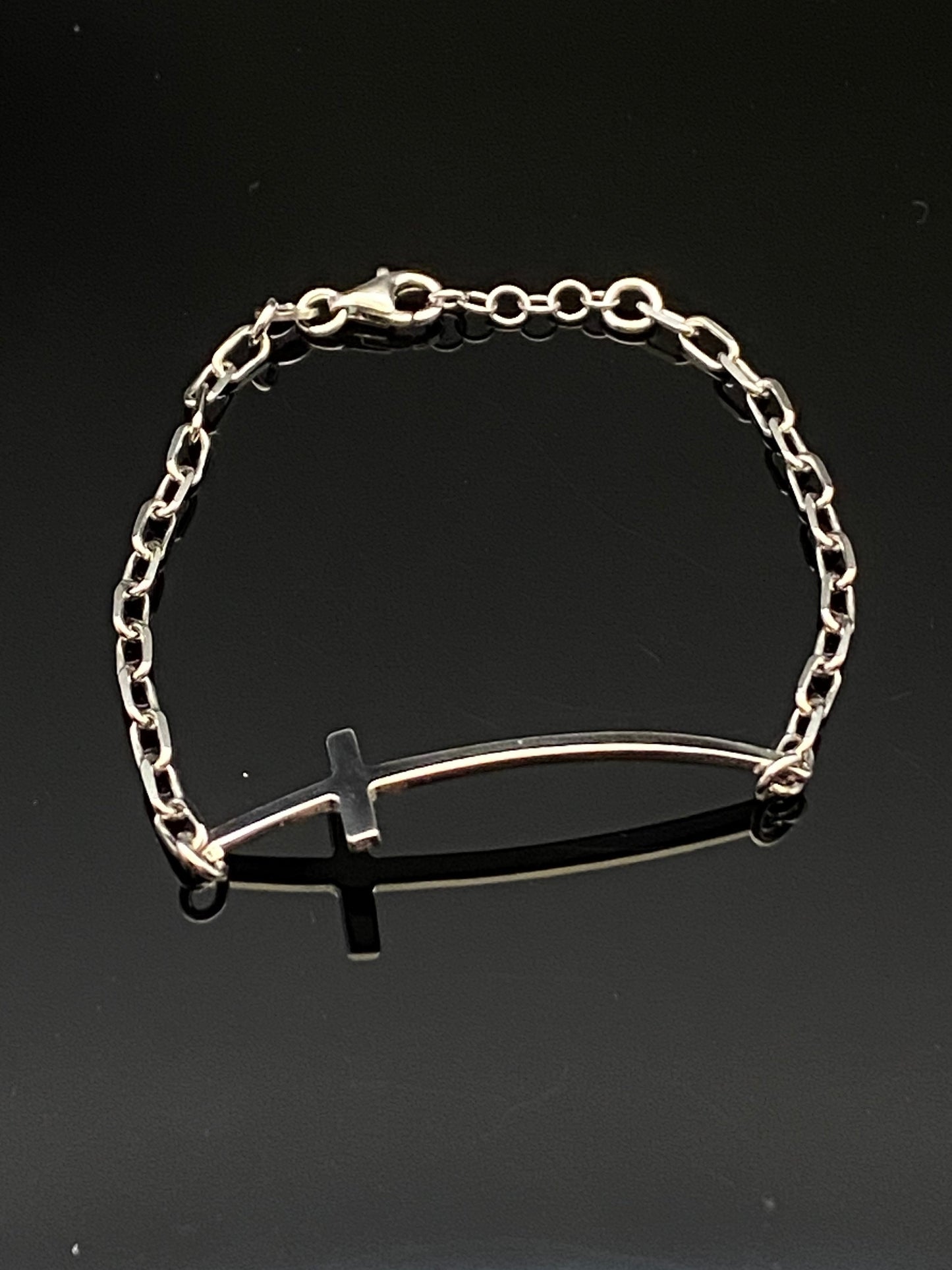 White Gold Over Sterling Silver Sideways Religious Cross Chain Bracelet