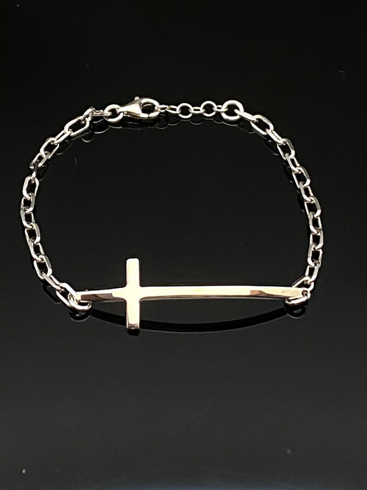 White Gold Over Sterling Silver Sideways Religious Cross Chain Bracelet
