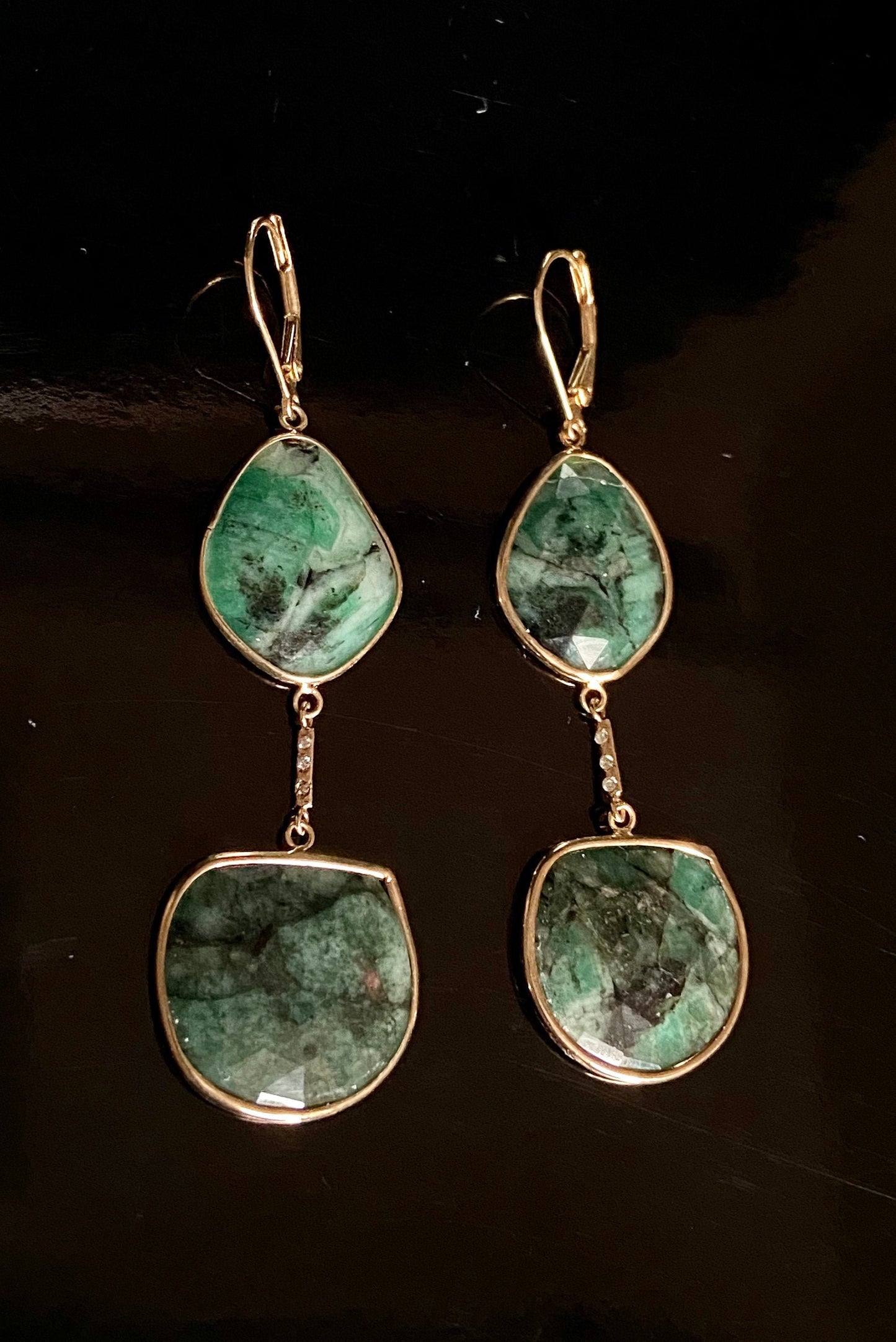 Yellow Gold Green Emerald w/Round Diamond Accents Dangle Drop Earrings