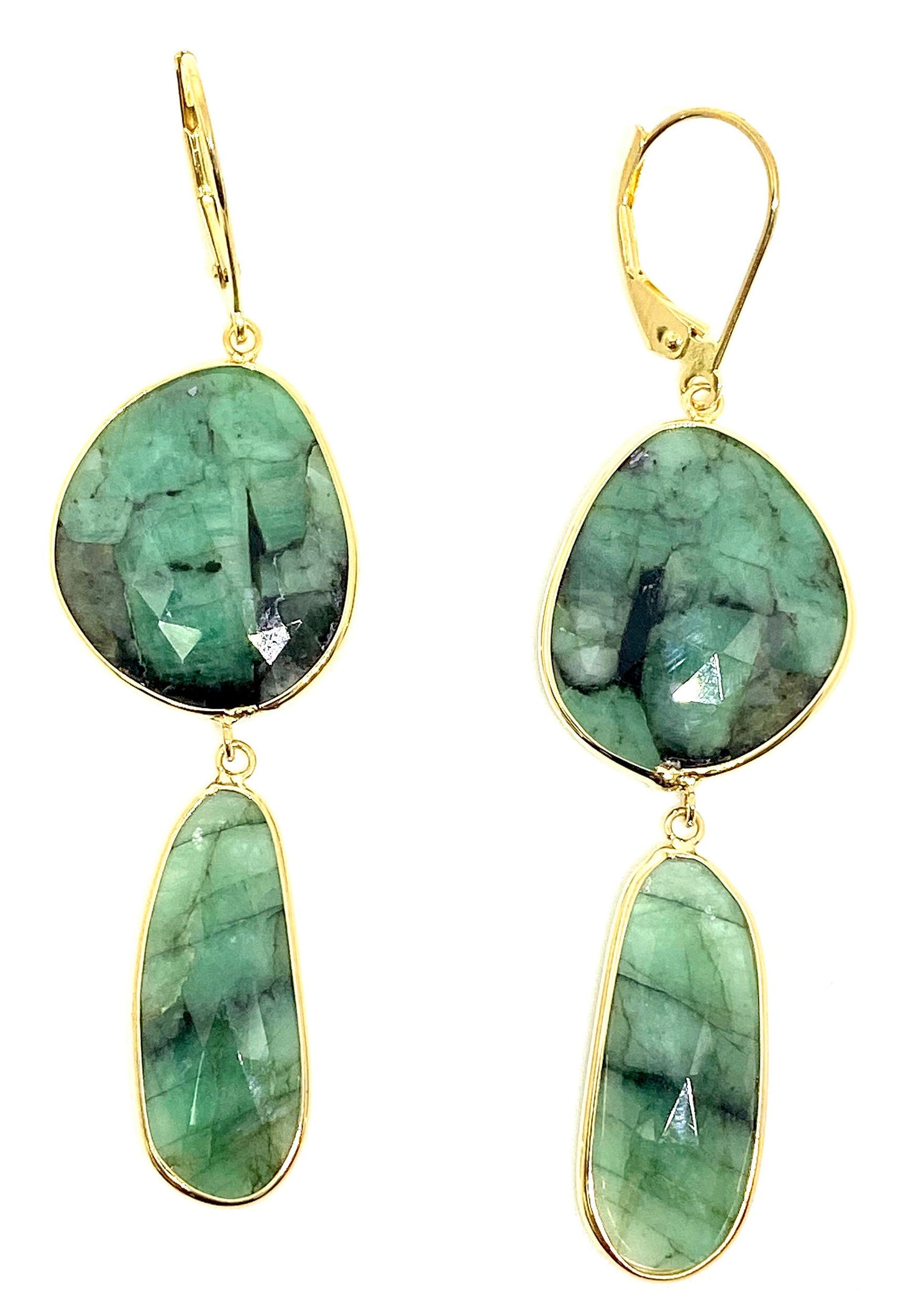 Yellow Gold Natural Green Emerald Gemstone Dangle Drop Earrings