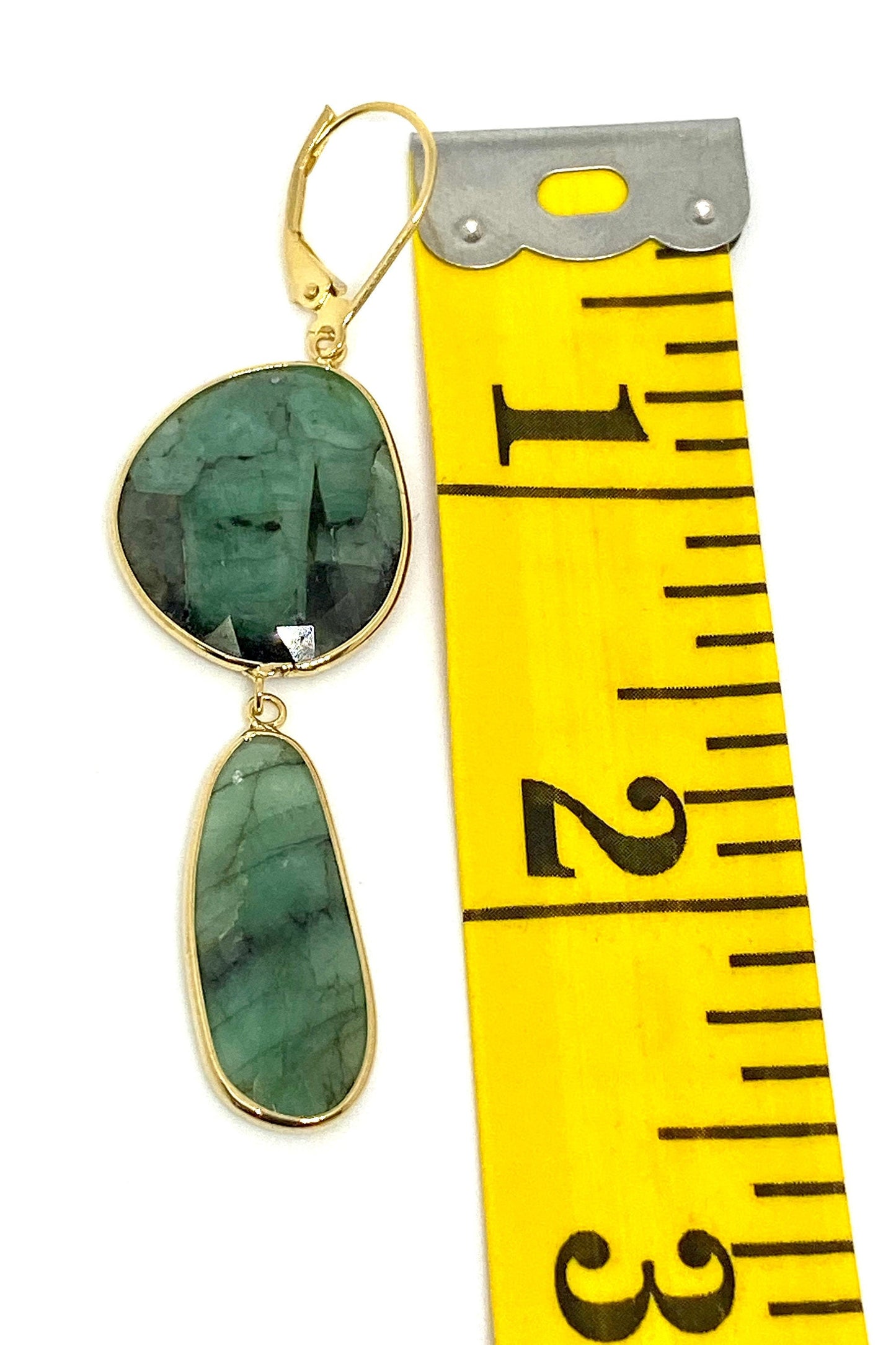 Yellow Gold Natural Green Emerald Gemstone Dangle Drop Earrings
