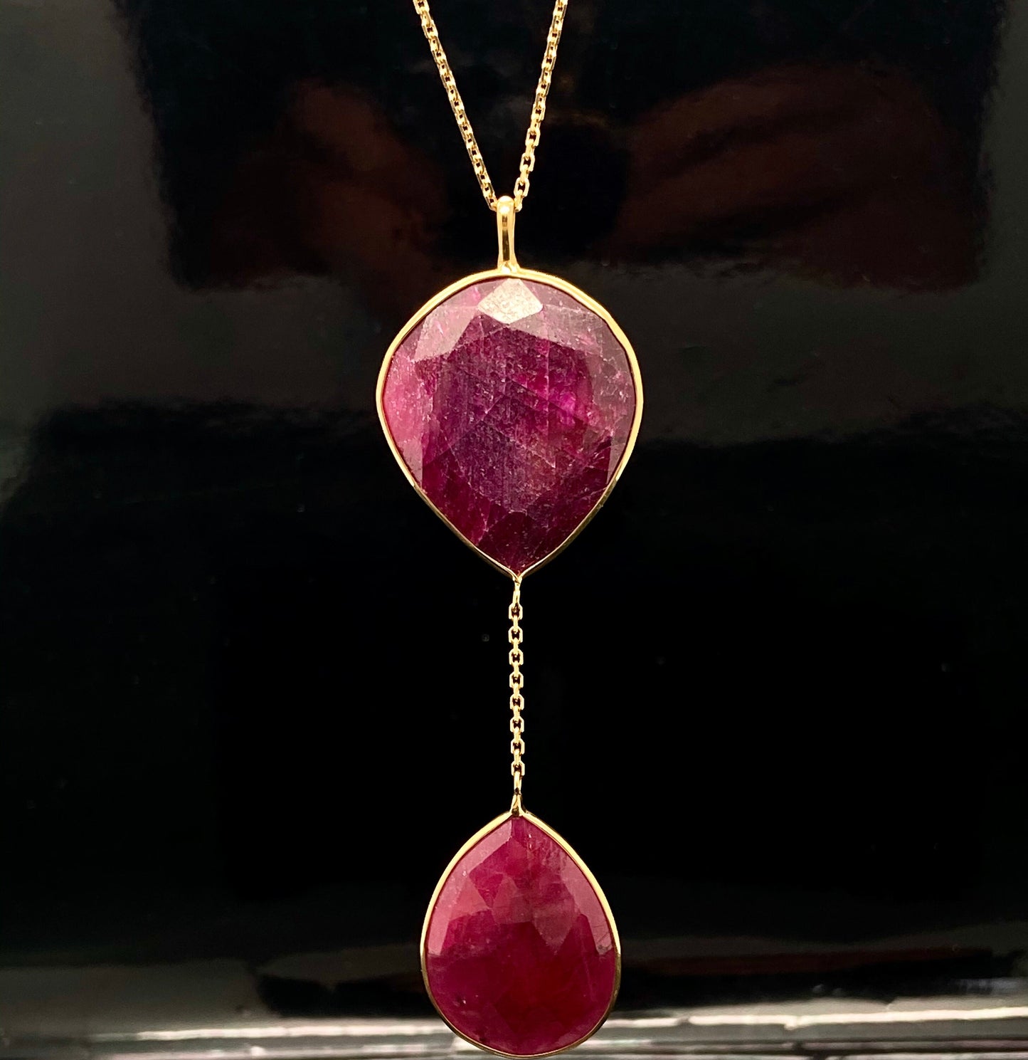 Yellow Gold Chunky Natural Red Ruby Gemstone Lariat Drop Necklace