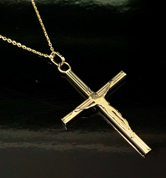 Yellow Gold Religious Jesus Cross Pendant Adjustable Chain Necklace