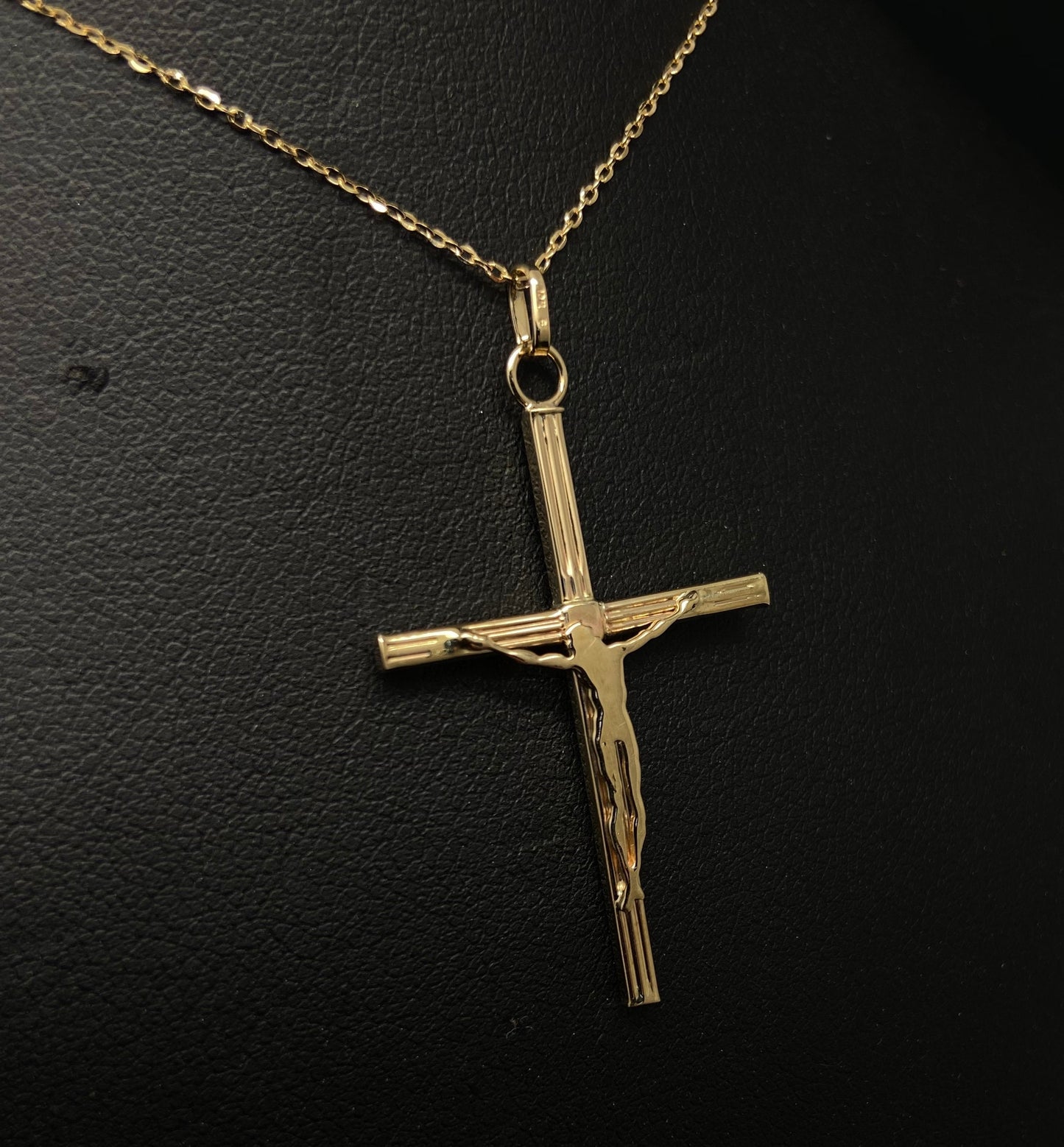 Yellow Gold Religious Jesus Cross Pendant Adjustable Chain Necklace