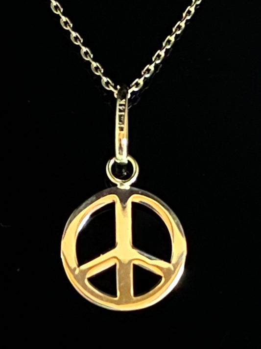 Yellow Gold Round PEACE Symbol Dangle Pendant Chain Necklace
