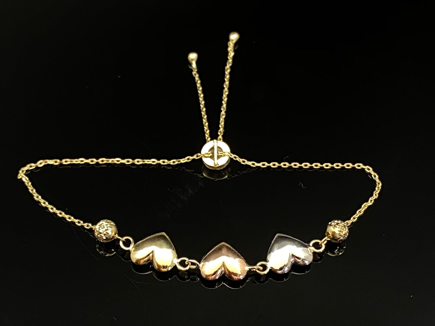 Multi-Color Gold Triple Love Puffy Heart Adjustable Bolo Chain Bracelet