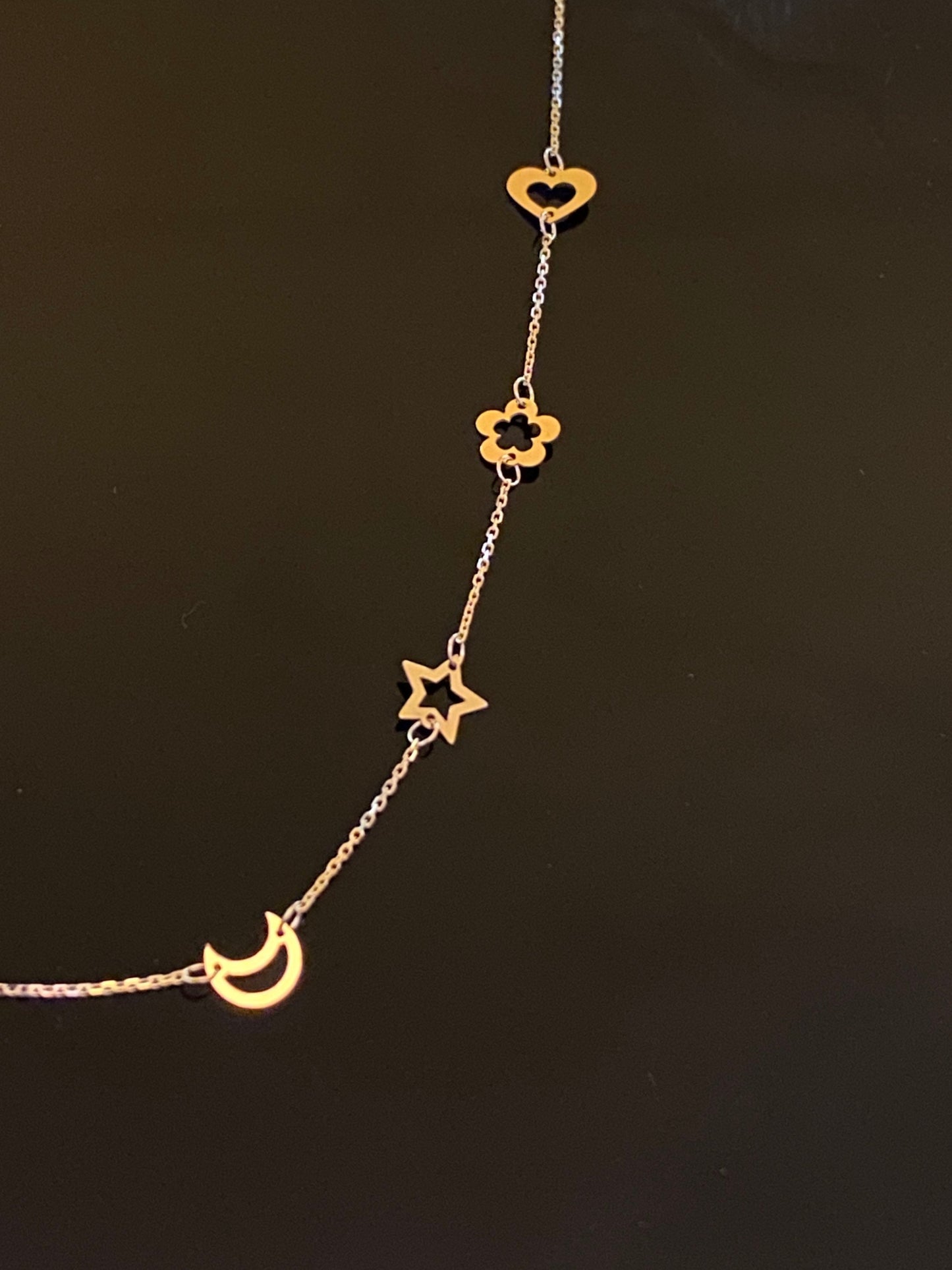 Yellow Gold Moon; Star; Flower & Heart Station Chain Long Necklace