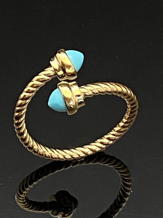 Yellow Gold Round Cut Turquoise Bypass Cable Cocktail Ring
