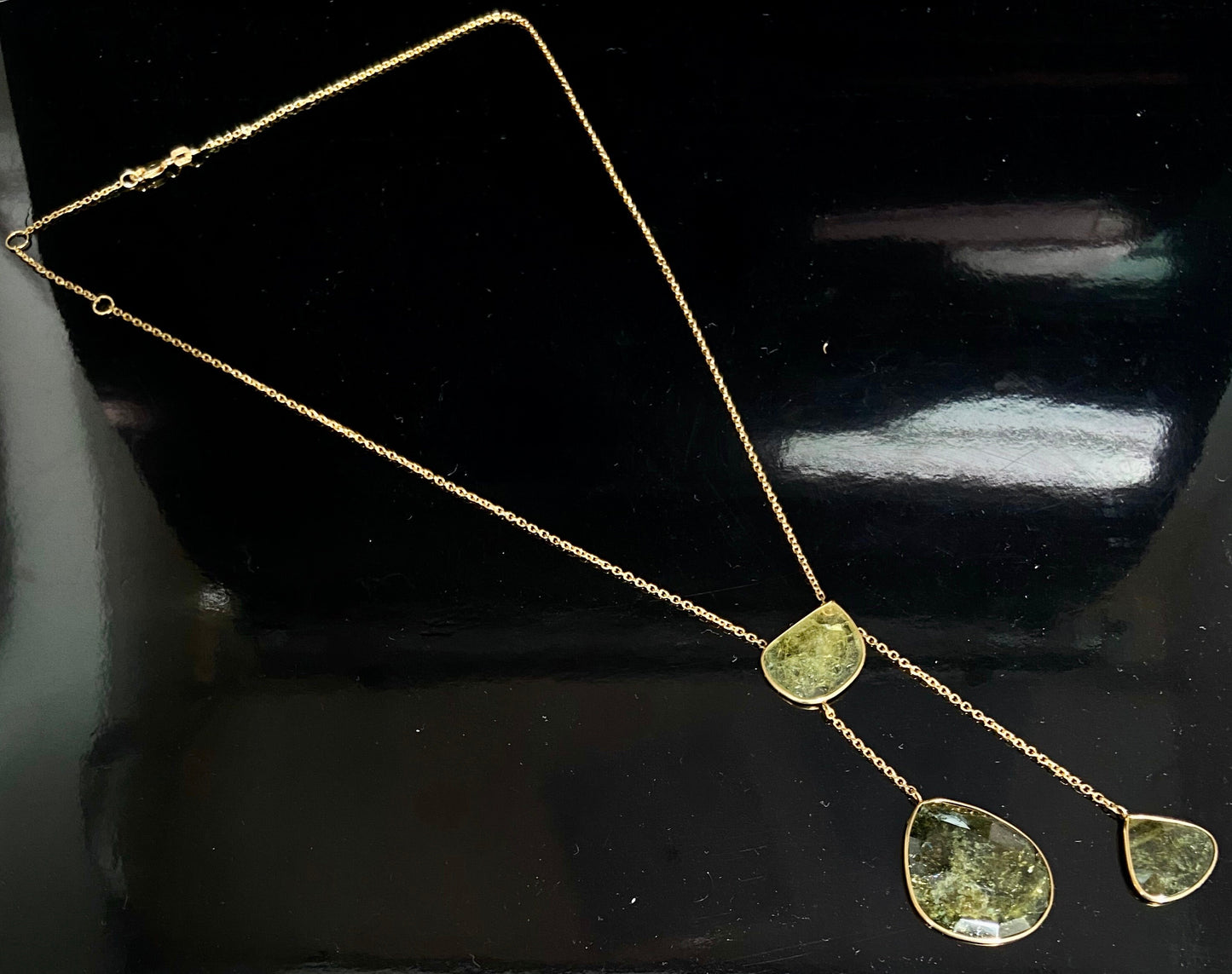 Yellow Gold Natural Green Garnet Y Lariat Adjustable Necklace