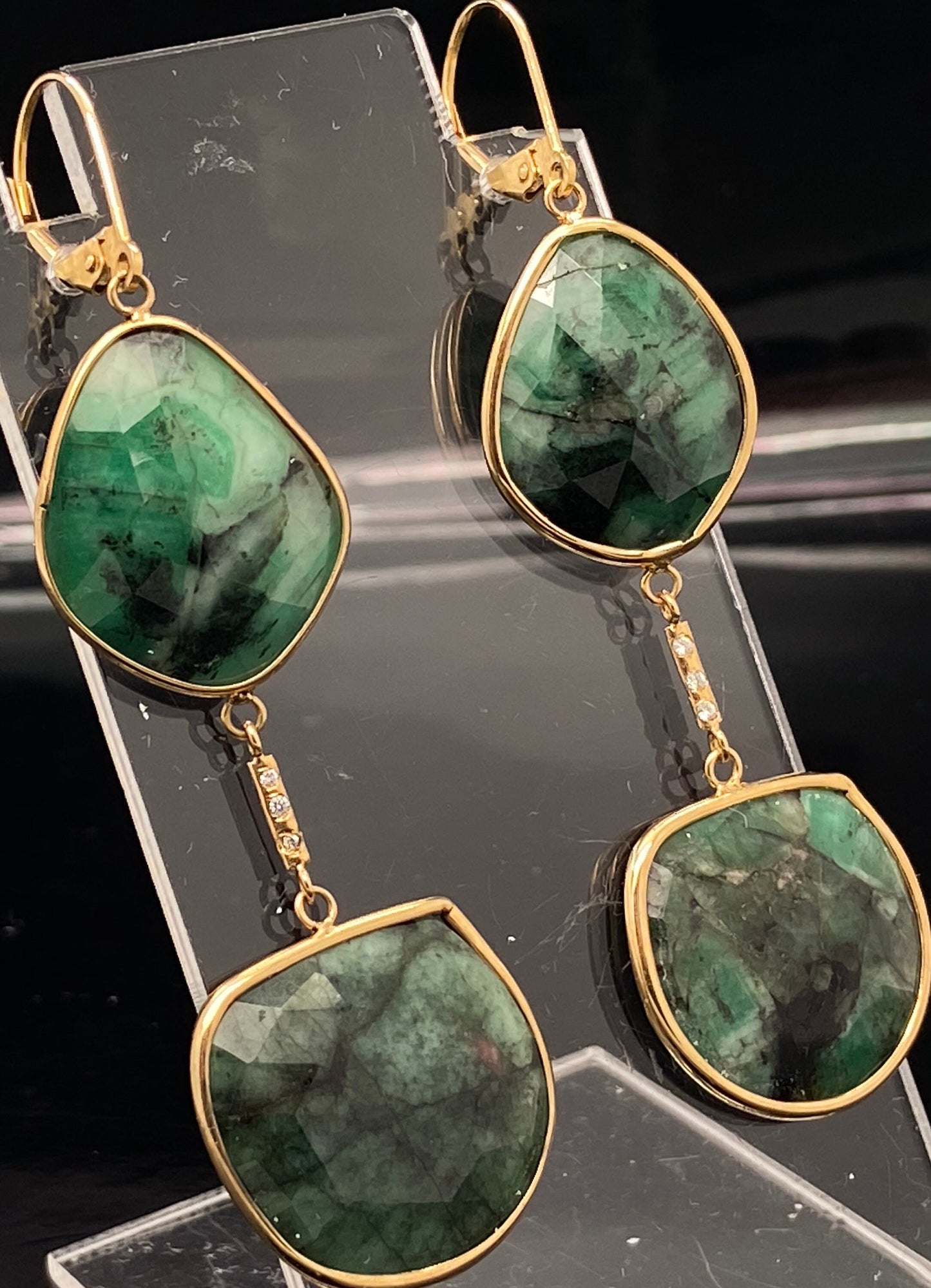 Yellow Gold Green Emerald w/Round Diamond Accents Dangle Drop Earrings