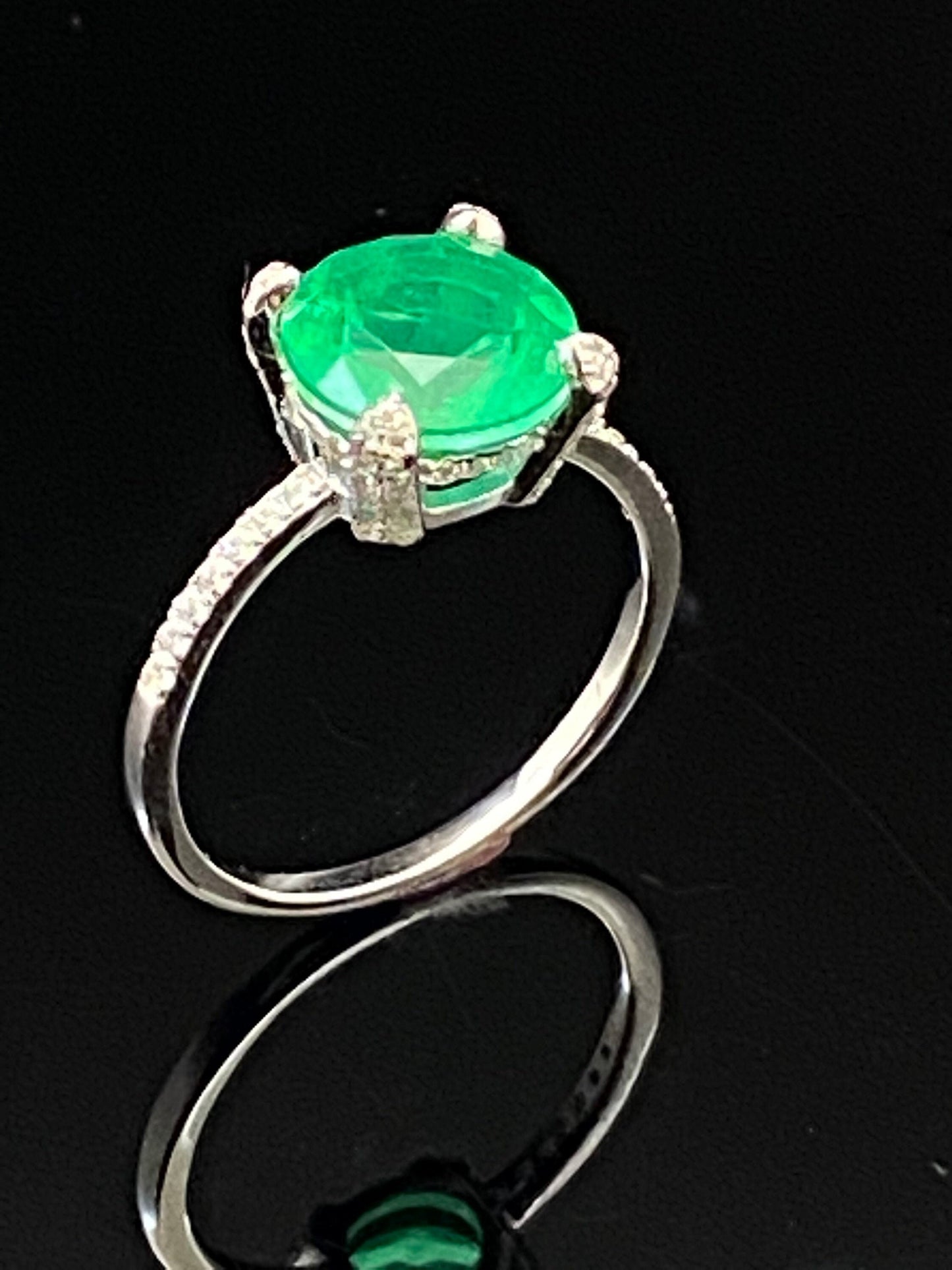 White Gold Over Sterling Silver Pave Solitaire Engagement Emerald CZ Ring