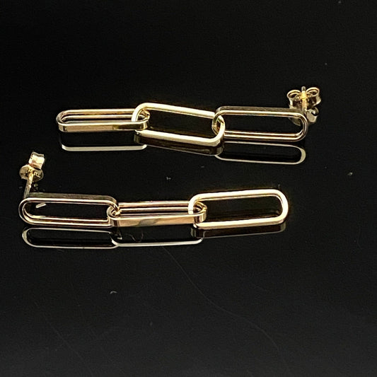 Yellow Gold Paperclip Link Dangle Drop Earrings