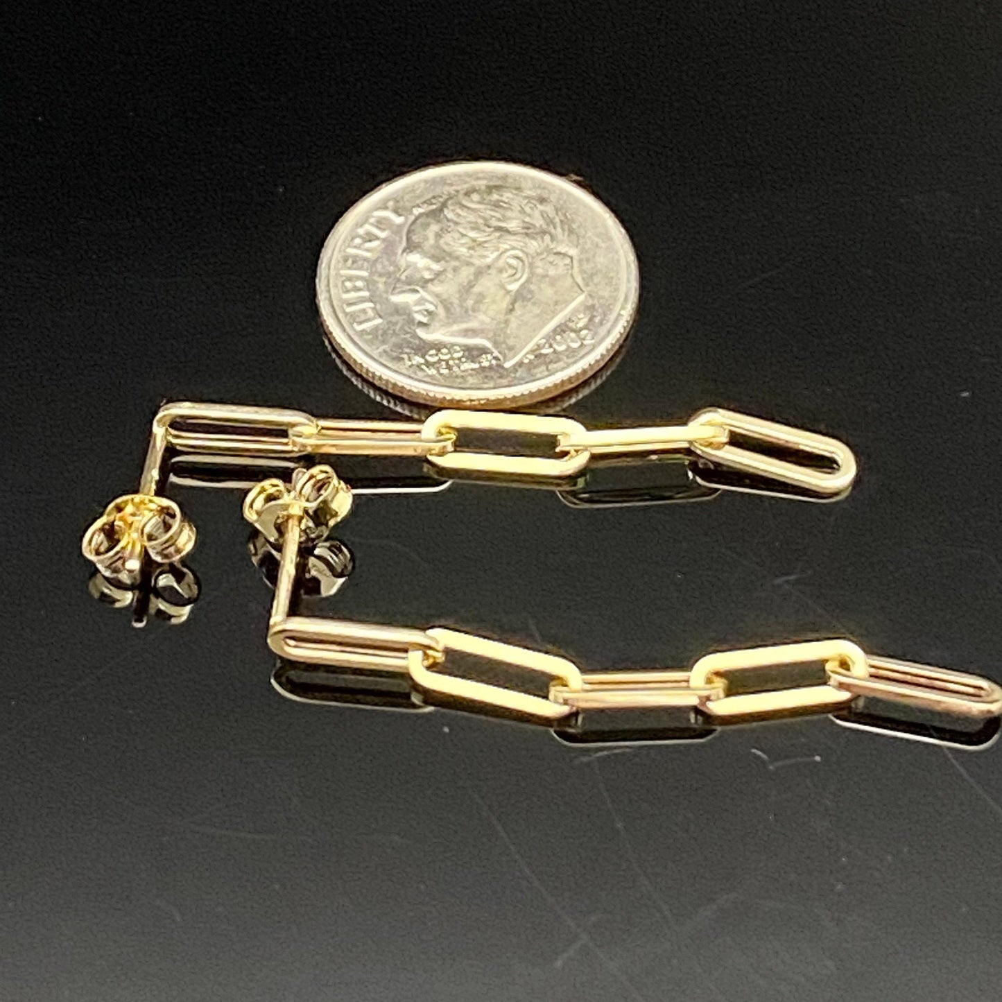 Yellow Gold Mini Paperclip Link Dangle Drop Earrings; Pushback Clasp