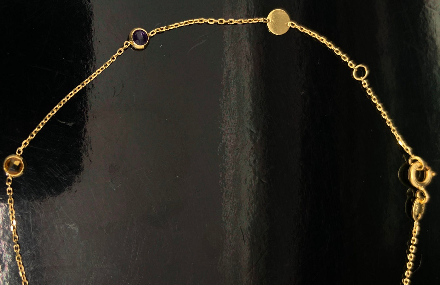 Yellow Gold Round Multi-Color Tourmaline and Disc Station Adjustable Anklet Bracelet