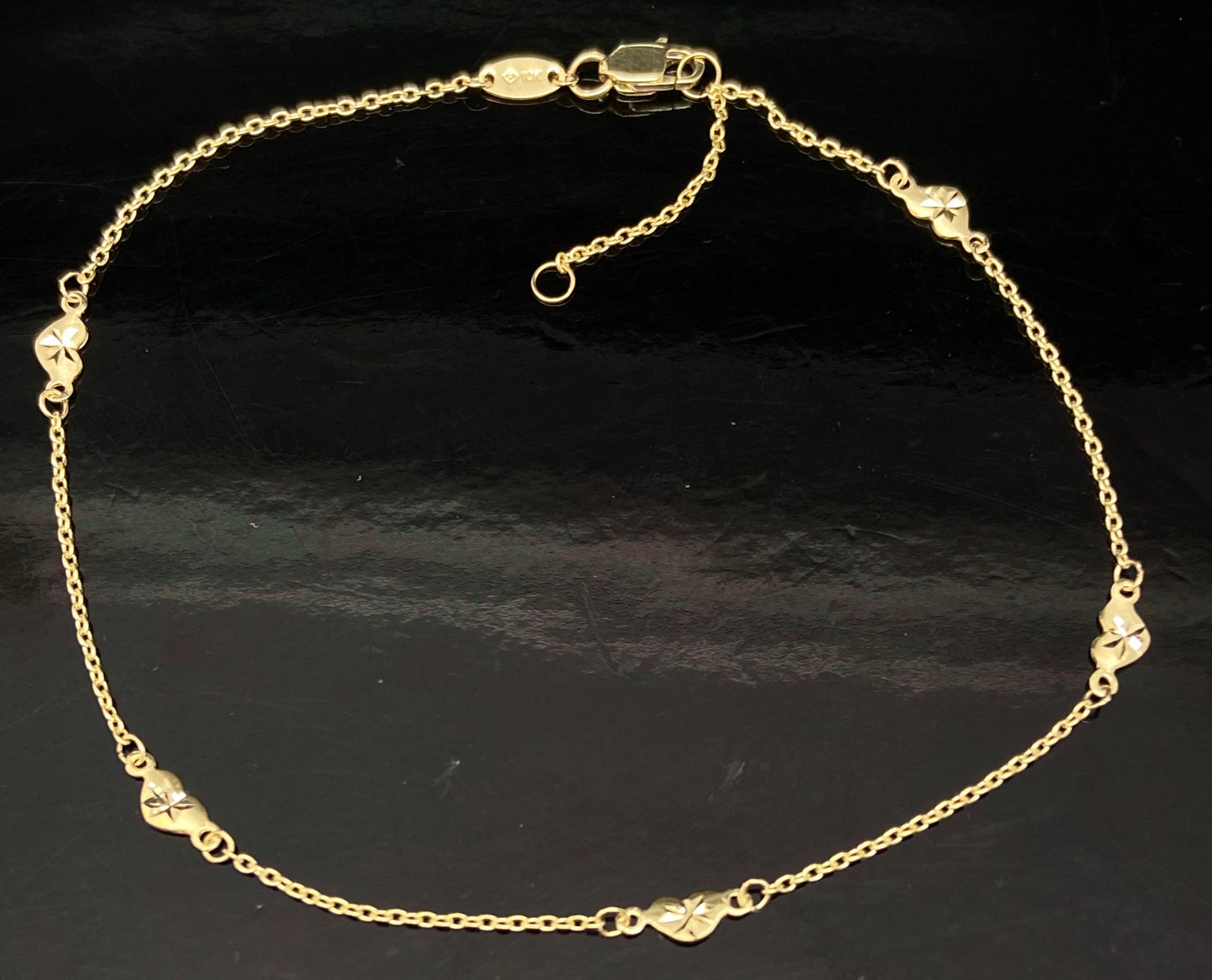 Yellow Gold Diamond-Cut Puffy Heart Station Chain Anklet Bracelet