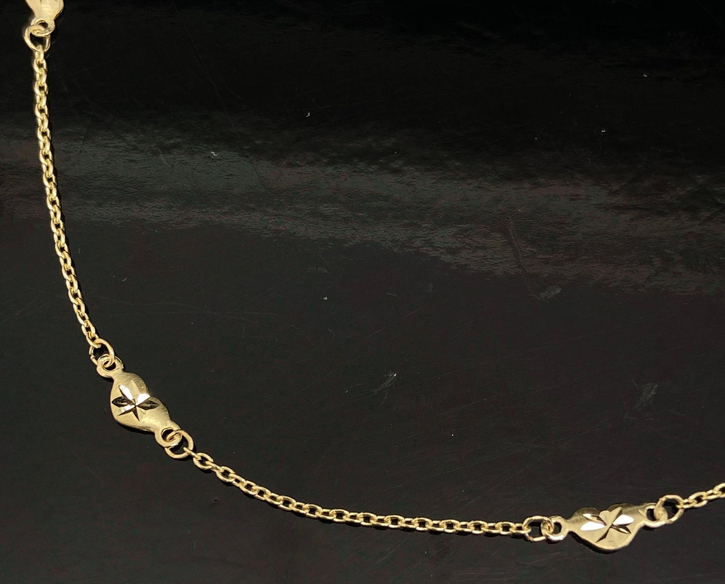 Yellow Gold Diamond-Cut Puffy Heart Station Chain Anklet Bracelet