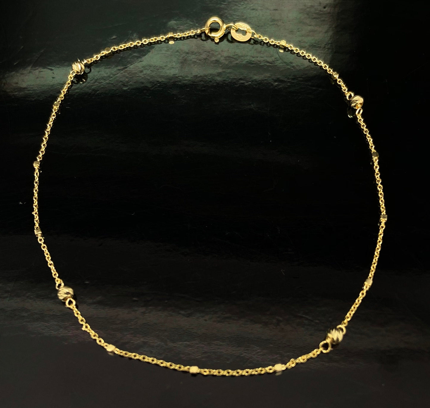 Yellow Gold Diamond-Cut Round Beaded Station Anklet Bracelet