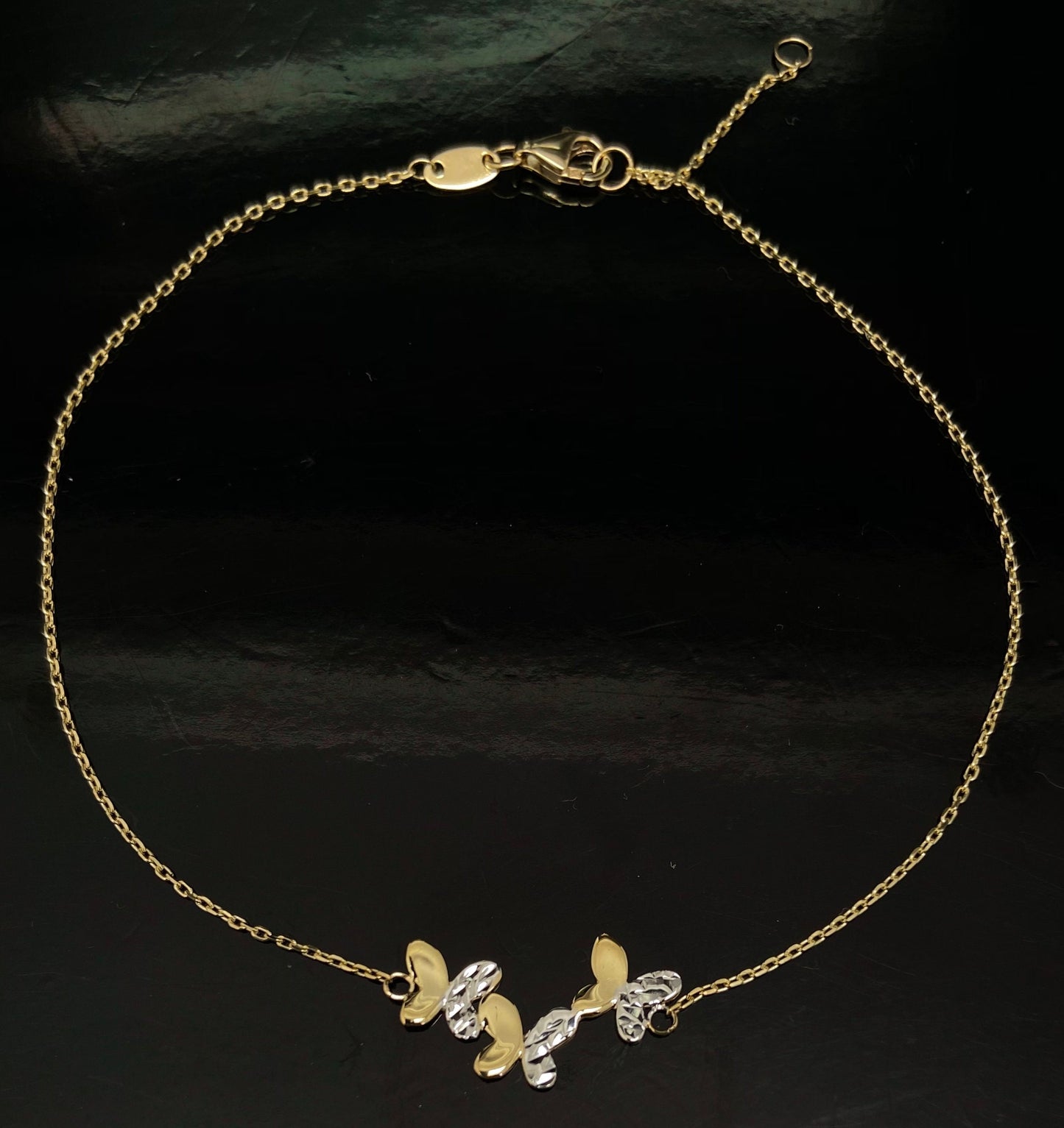 Yellow Gold 3 Triple Butterfly Station Adjustable Chain Anklet Bracelet