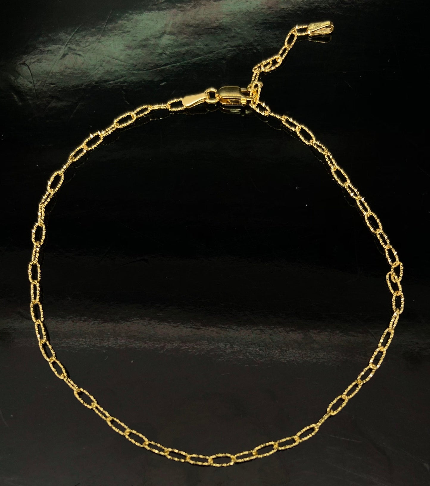 Yellow Gold Oval Link Diamond Cut Adjustable Charm Anklet Bracelet
