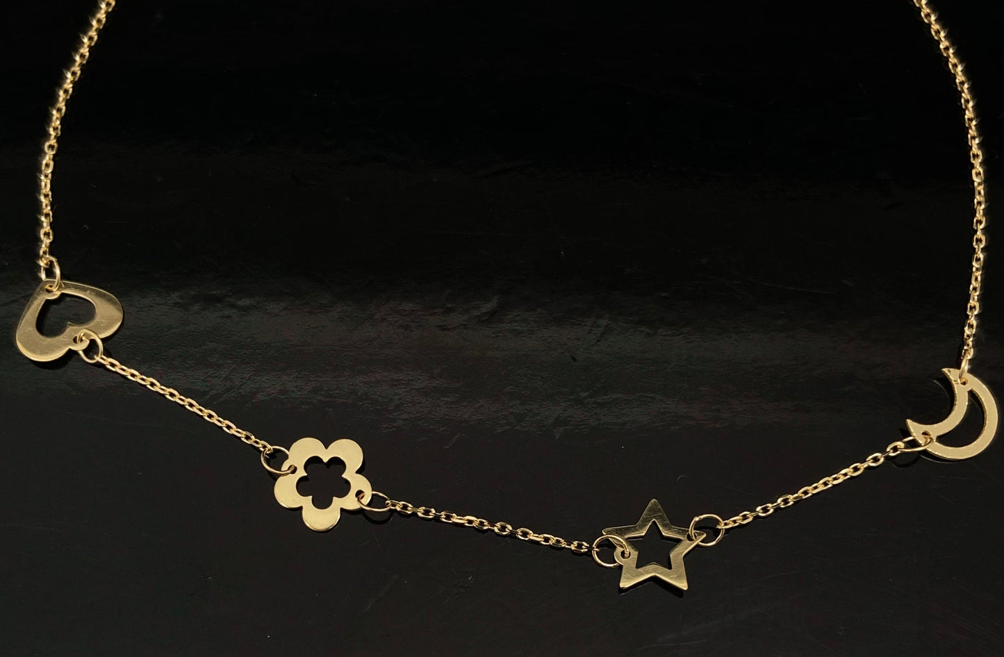 Yellow Gold Multi Shape (Star Moon Heart Flower) Station Adj Anklet Bracelet
