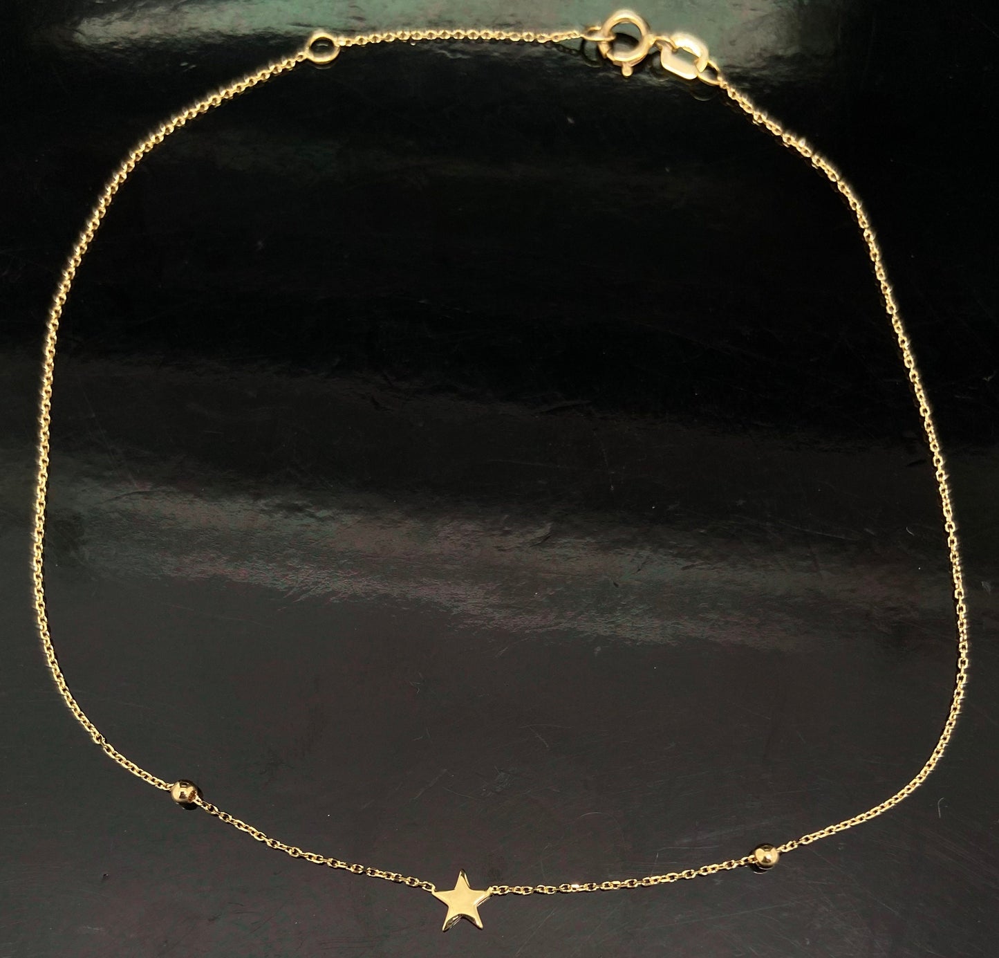 Yellow Gold Mini Star Station Rolo Link Adjustable Chain Anklet Bracelet