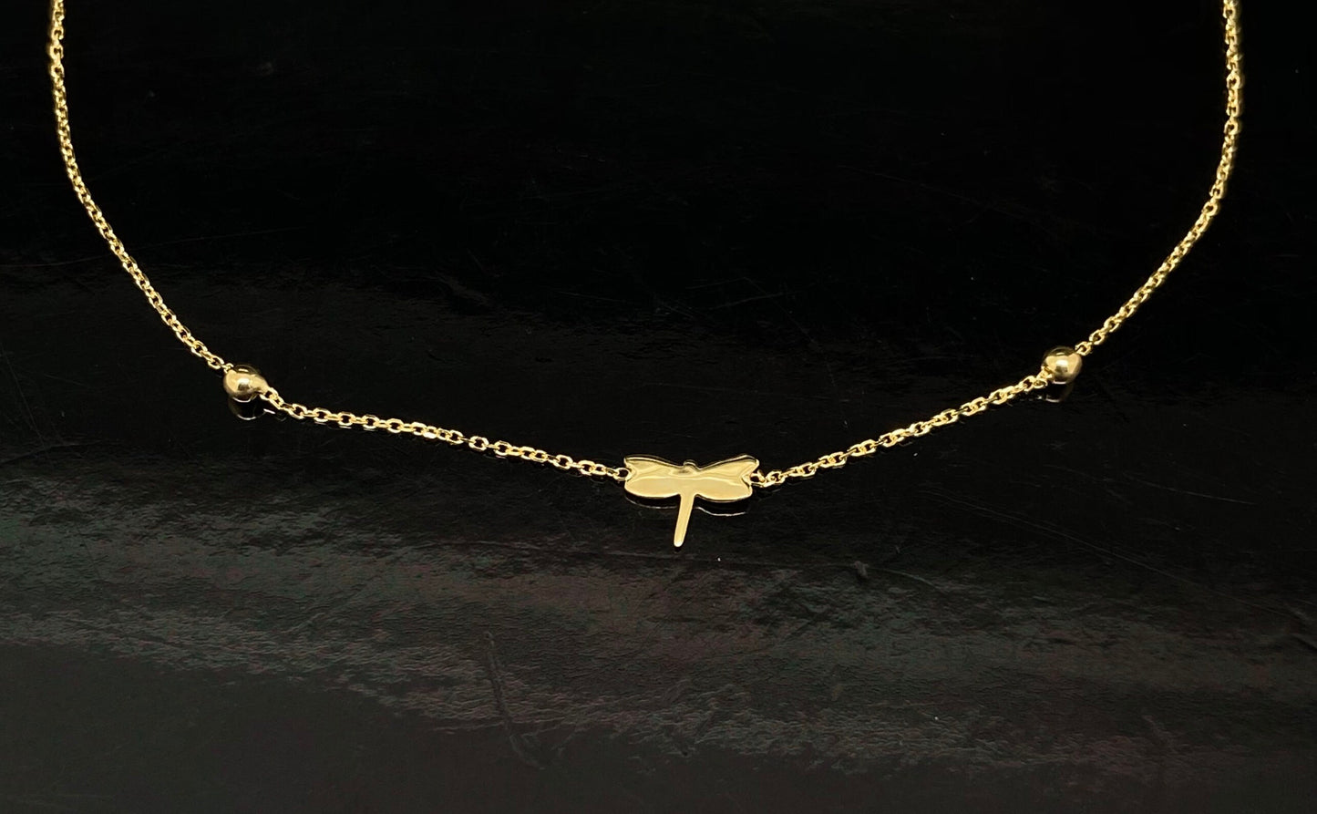 Yellow Gold Mini Dragonfly Station Adjustable Rolo Link Anklet Bracelet