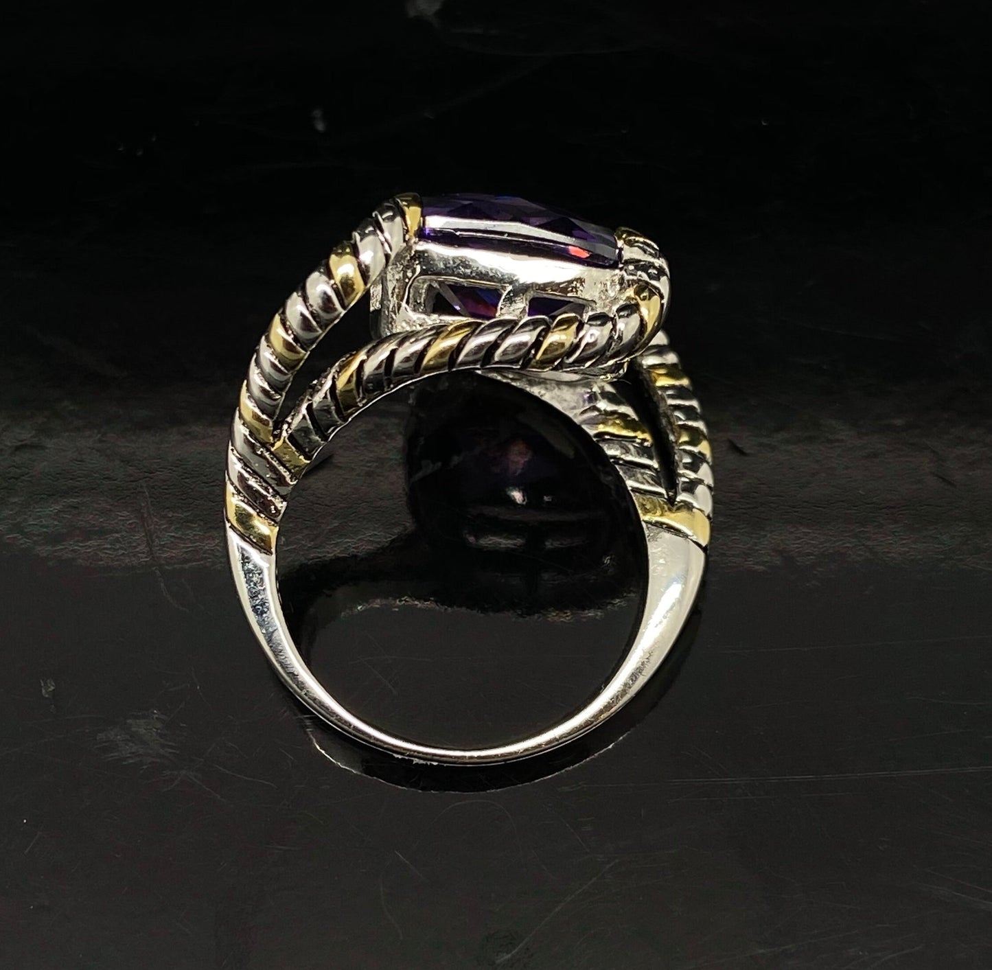 Square Amethyst Twisted Oxidized Two Tone Rope Ring