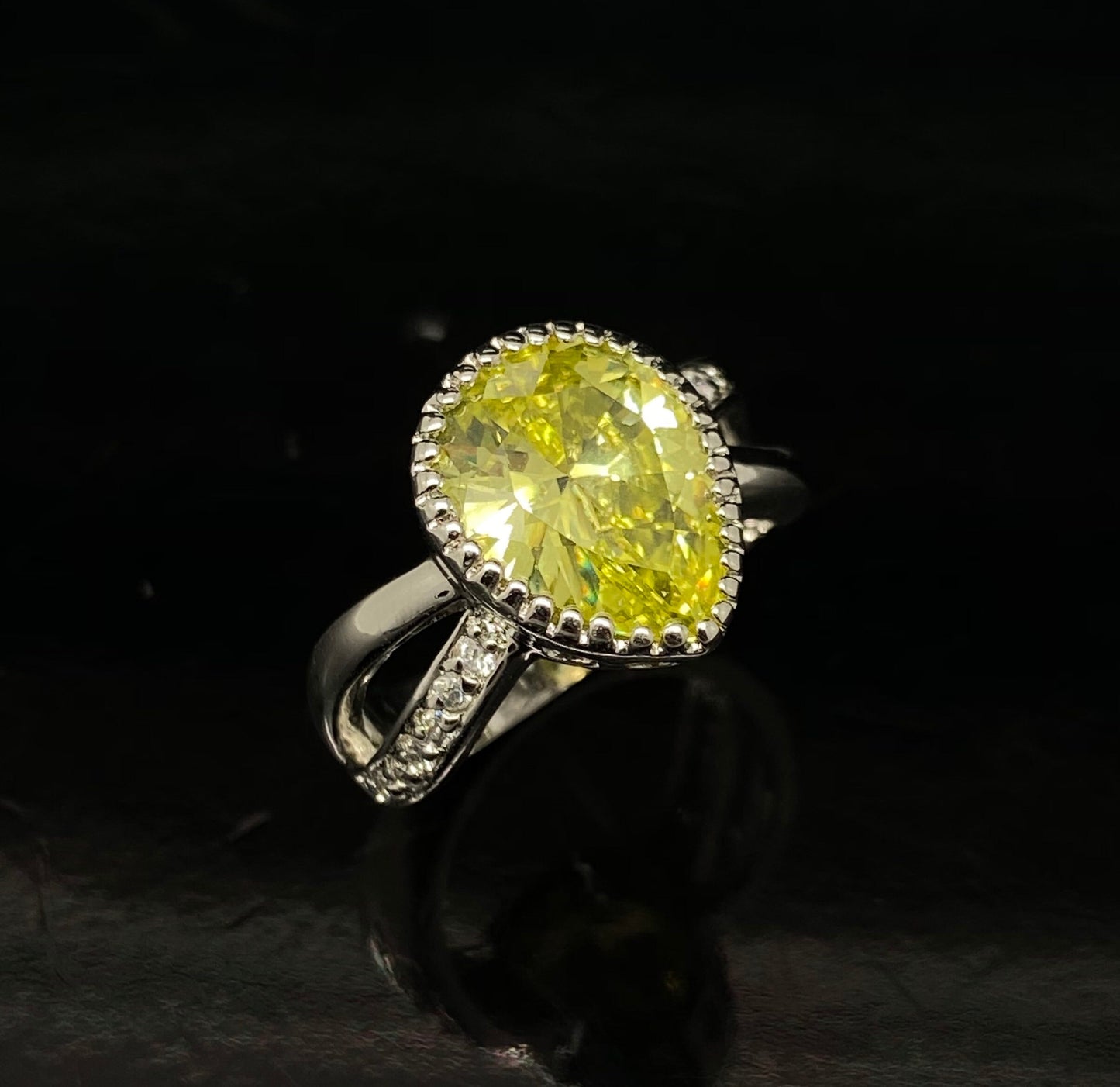 Pear Yellow Citrine with Cubic Zirconia Accents Cocktail Ring