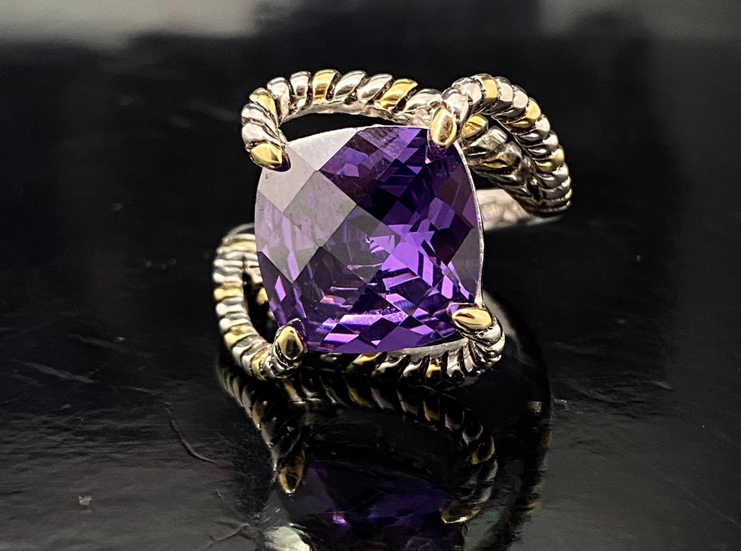 Square Amethyst Twisted Oxidized Two Tone Rope Ring