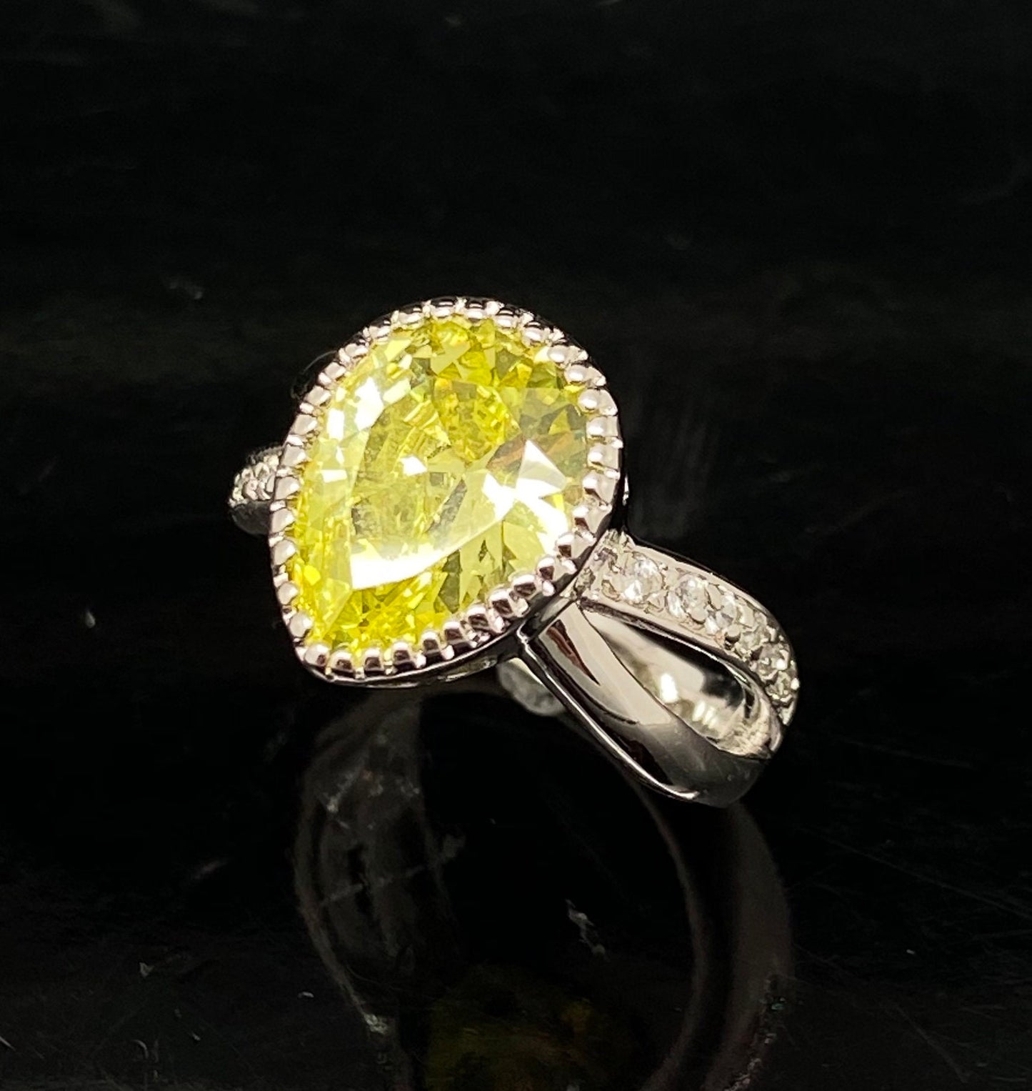 Pear Yellow Citrine with Cubic Zirconia Accents Cocktail Ring