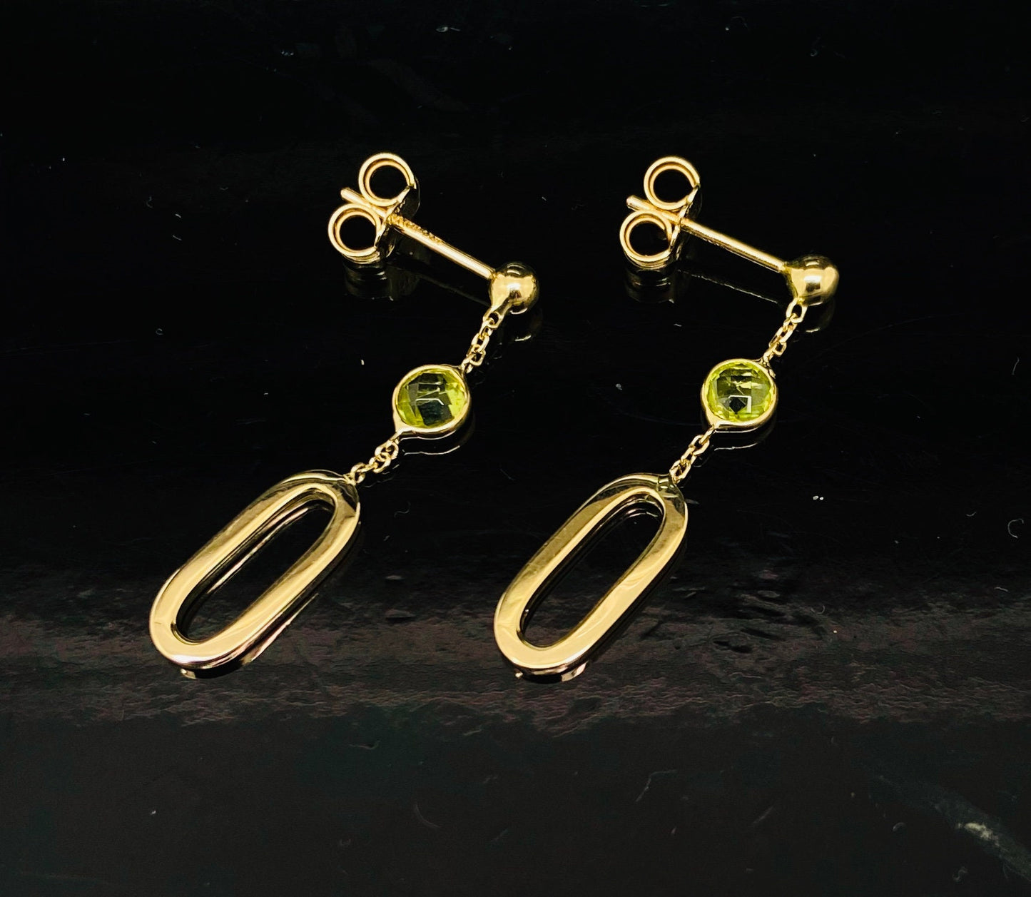 Yellow Gold Paperclip Link Green Peridot Cabochon Dangle Earrings