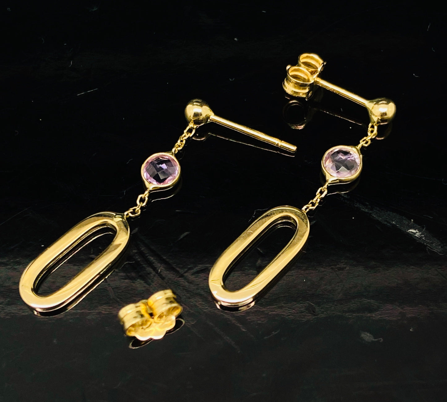 Yellow Gold Paperclip Link Round Purple Amethyst Cabochon Dangle Earrings