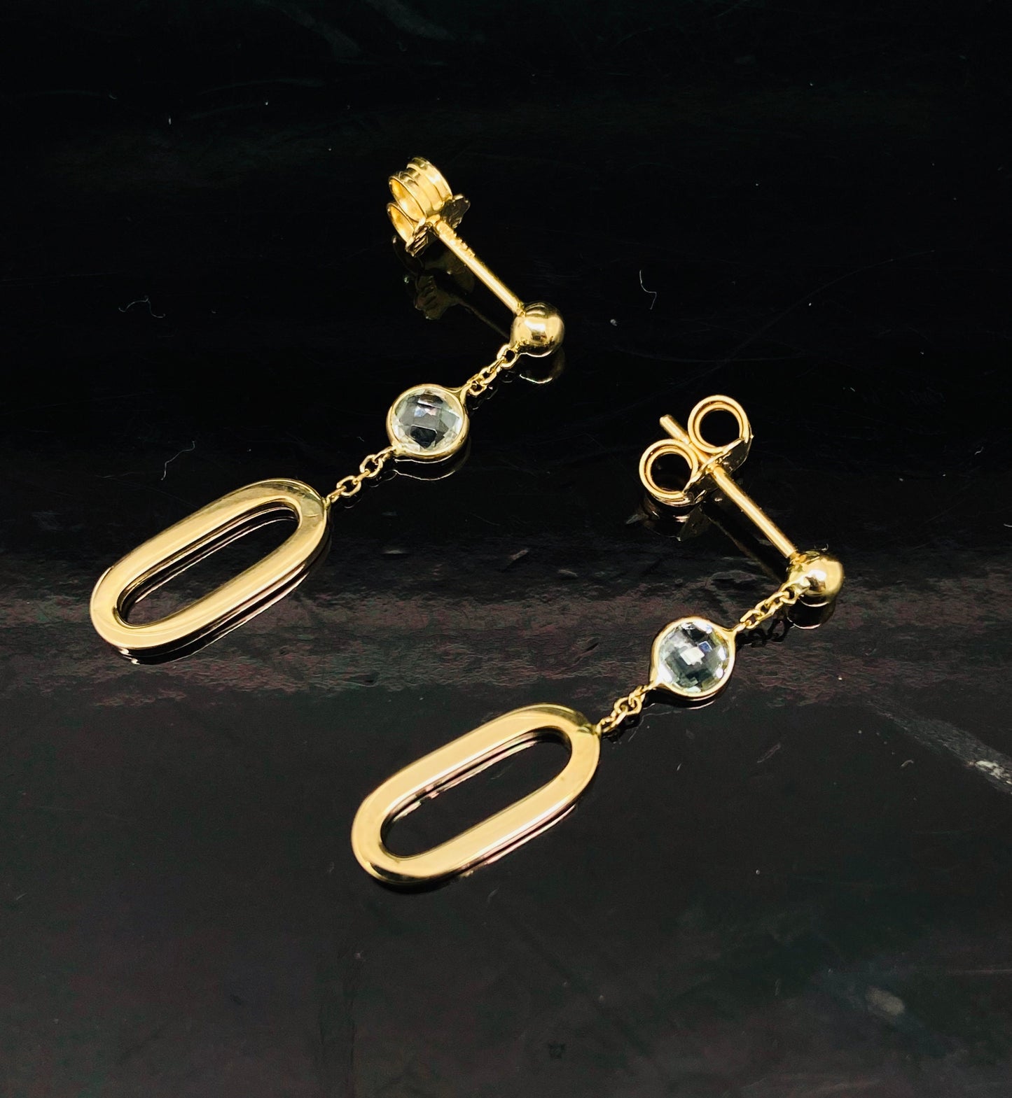 Yellow Gold Paperclip Link Round Blue Topaz Cabochon Dangle Earrings